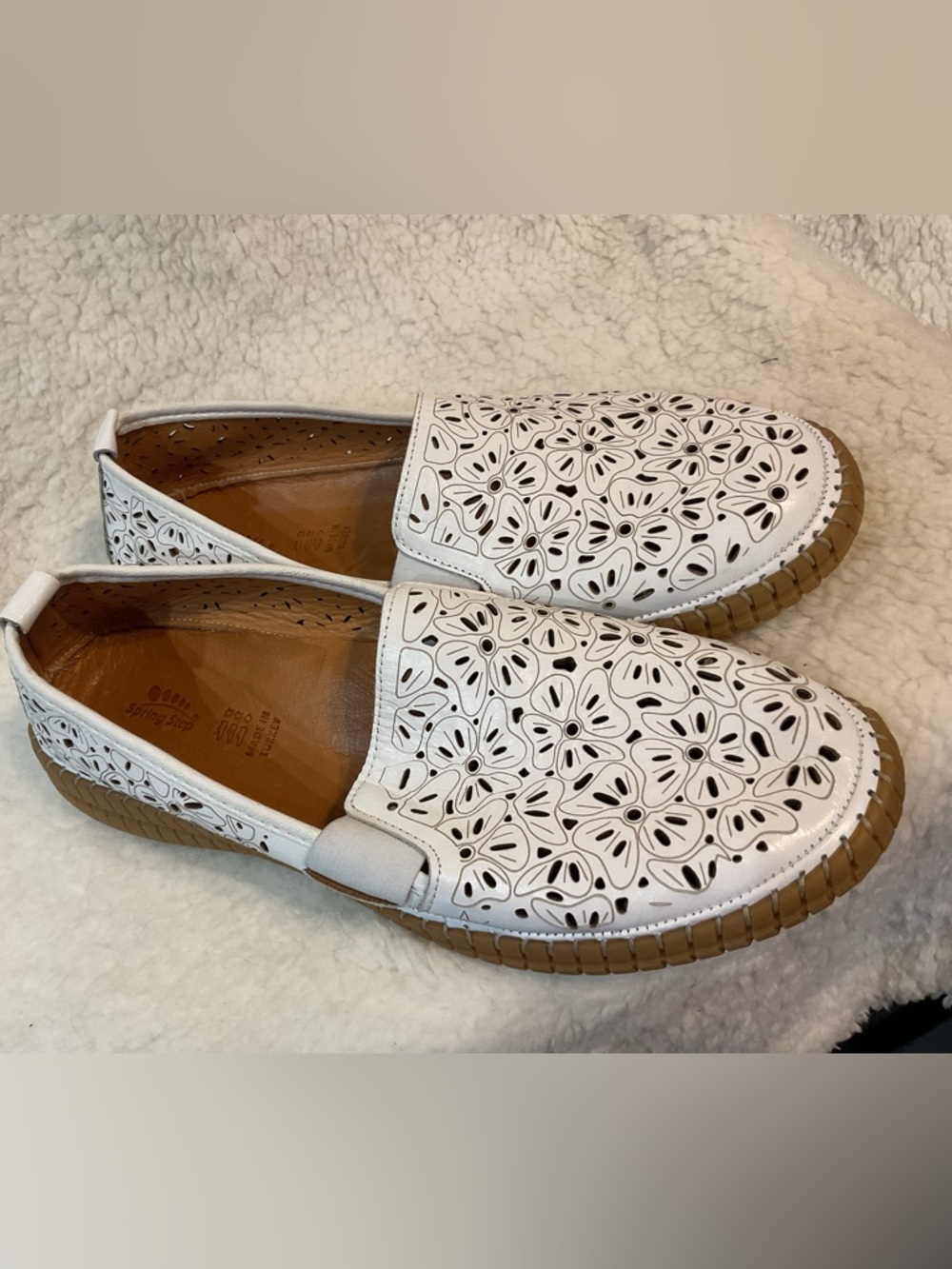Spring Step White Laser-Cut Floral Slip-On Loafers